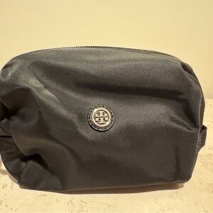 Tory Burch black nylon silver monogram cosmetic bag